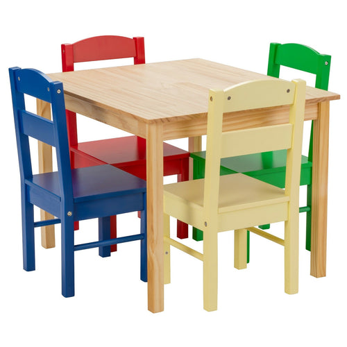 5 Pieces Kids Pine Wood Multicolor Table Chair Set, Multicolor