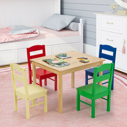 5 Pieces Kids Pine Wood Multicolor Table Chair Set, Multicolor
