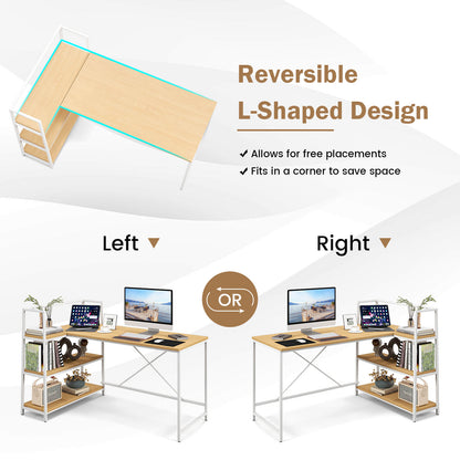 Reversible L Shaped Computer Corner Workstation with 3-Tier Open Shelf, Natural - Gallery Canada