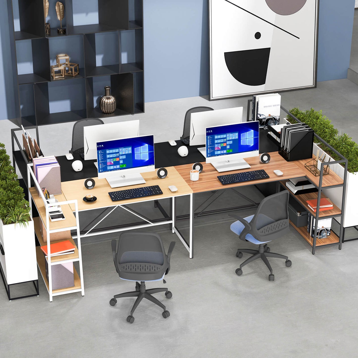 Reversible L Shaped Computer Corner Workstation with 3-Tier Open Shelf, Natural - Gallery Canada