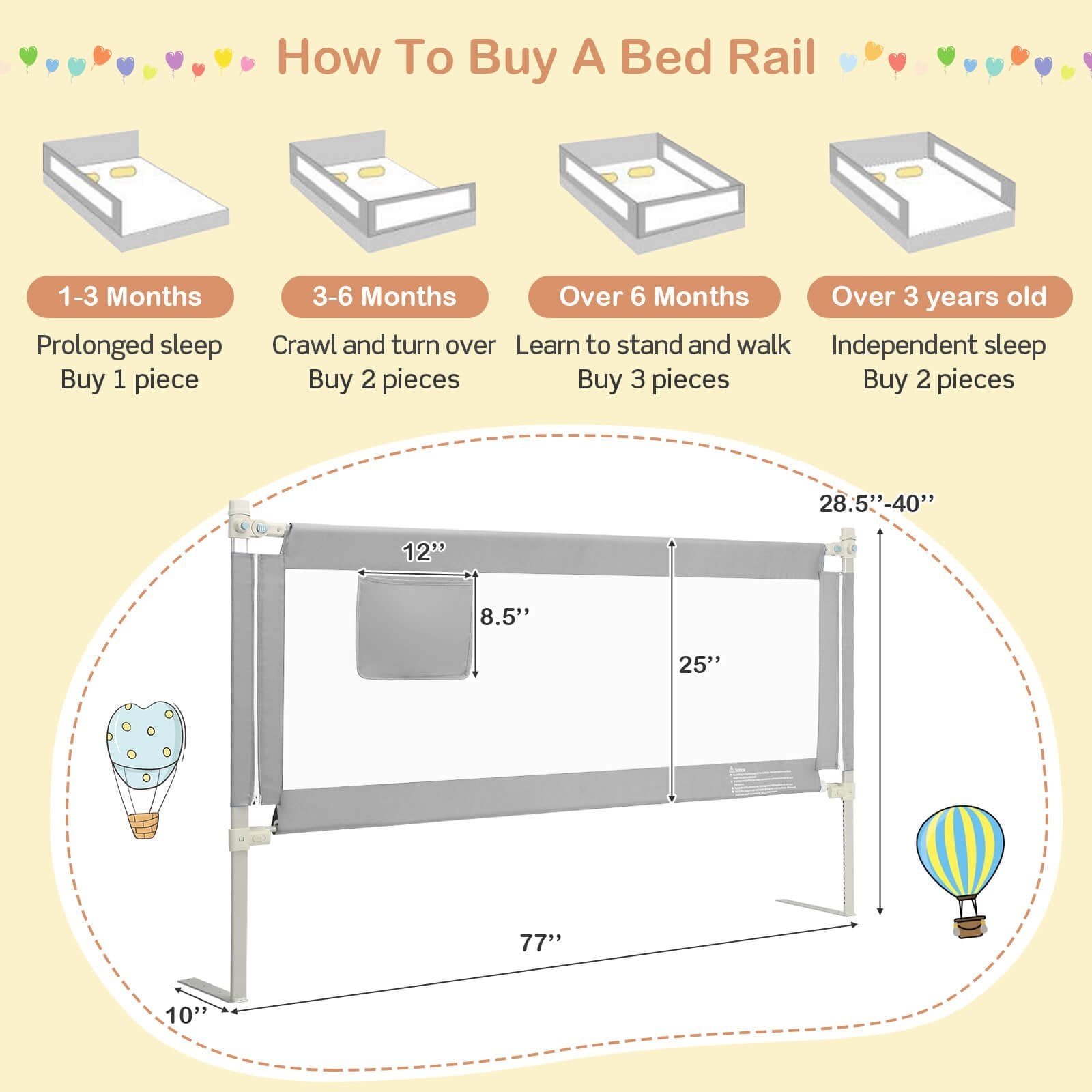 76.8 Inch Baby Bed Rail with Double Safety Child Lock, Gray Bed Rails   at Gallery Canada