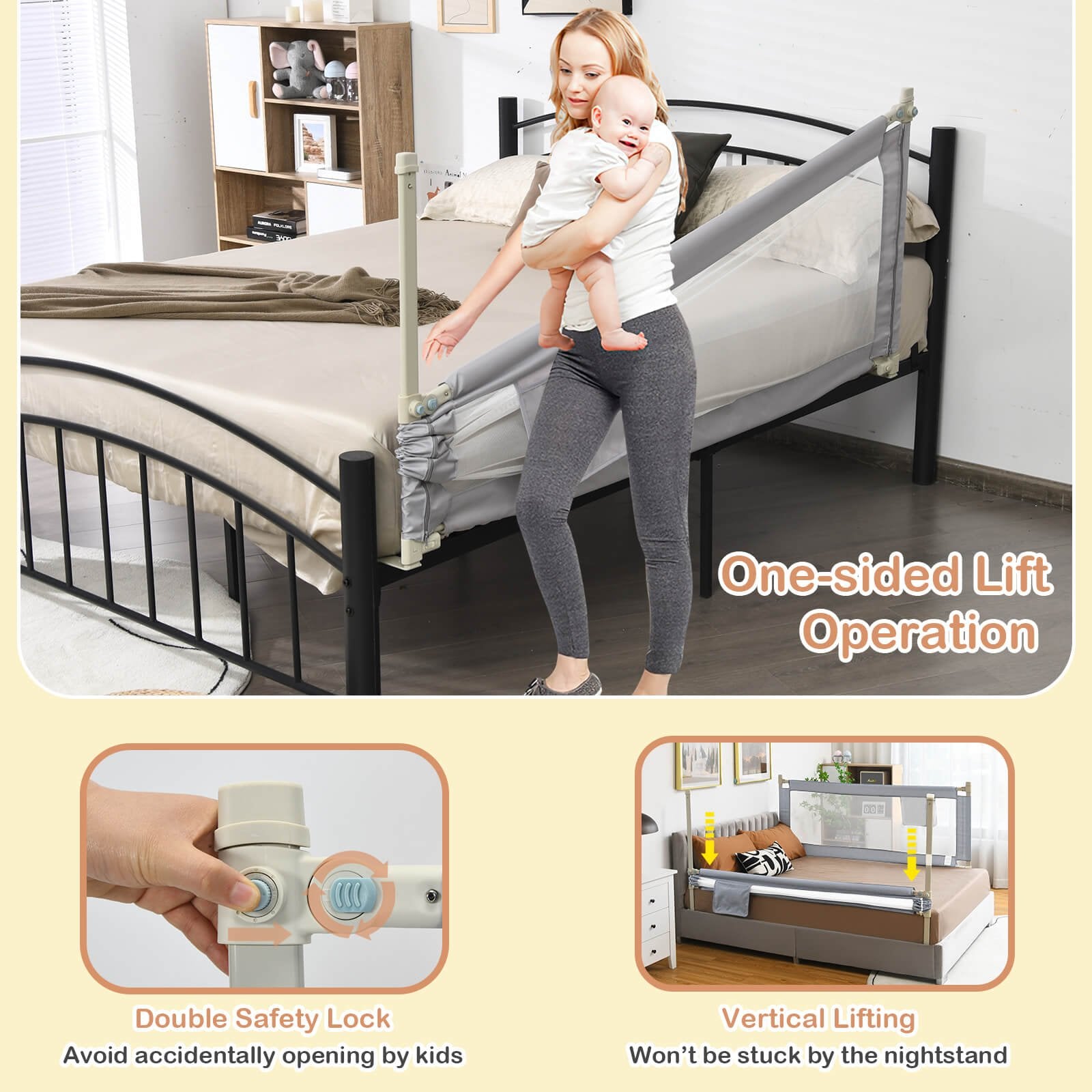 76.8 Inch Baby Bed Rail with Double Safety Child Lock, Gray Bed Rails   at Gallery Canada