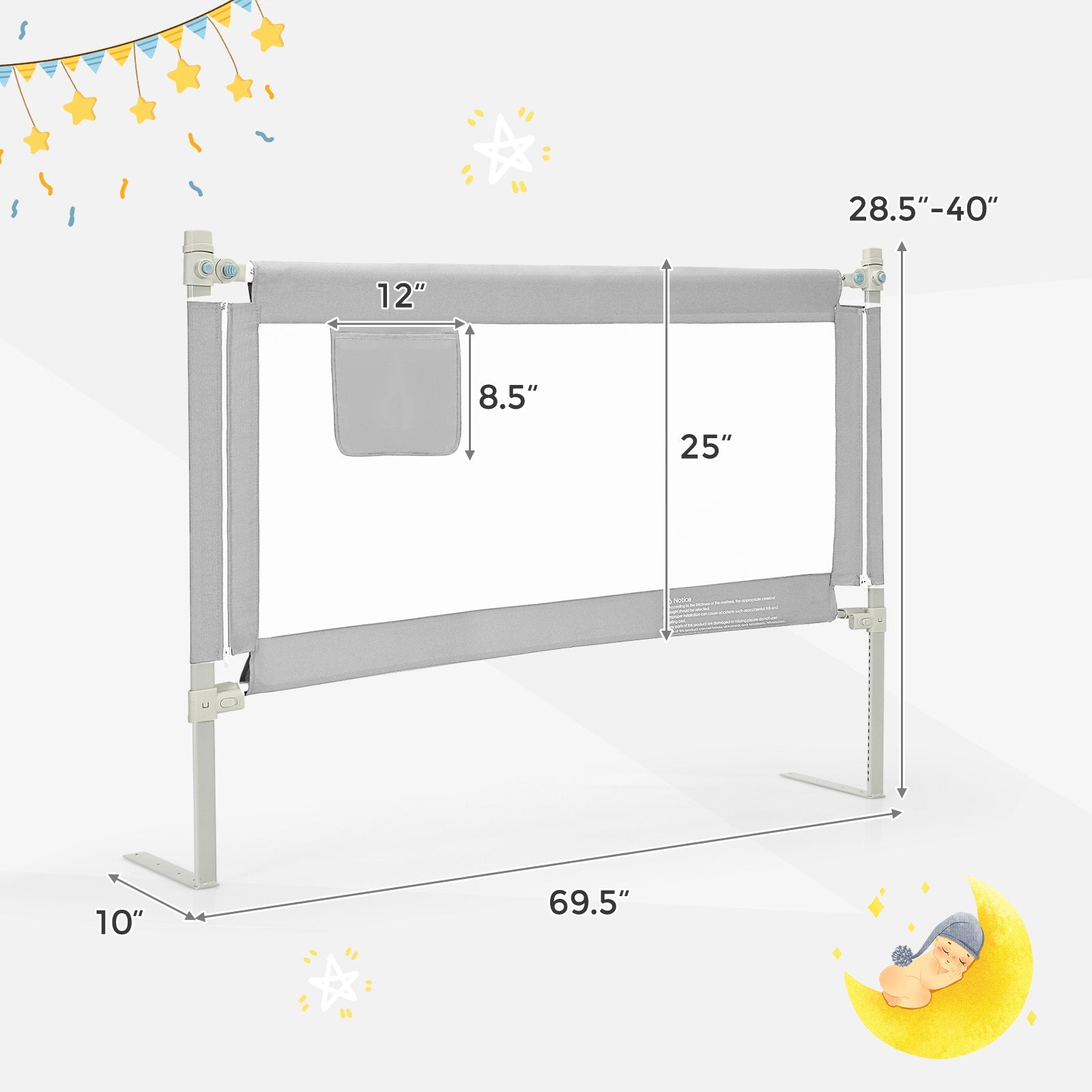 57 Inch Toddlers Vertical Lifting Baby Bed Rail Guard with Lock, Gray - Gallery Canada