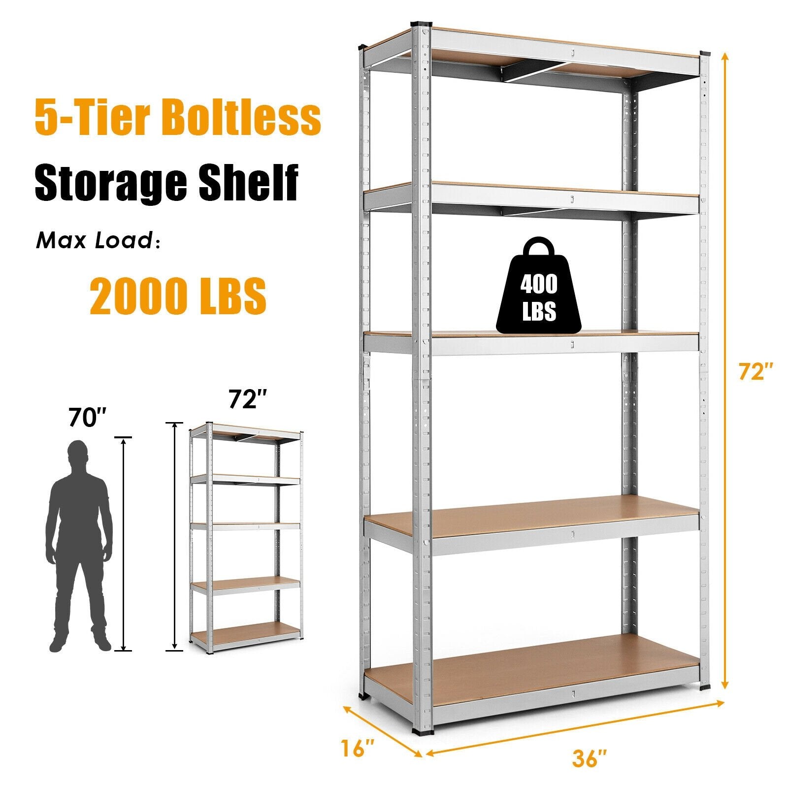 35.5 x 71 Inch Adjustable 5-Layer 2000 lbs Capacity Tool Shelf, Silver Garages   at Gallery Canada