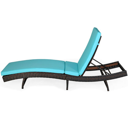 Patio Folding Adjustable Rattan Chaise Lounge Chair with Cushion, Turquoise Outdoor Chaise Lounges   at Gallery Canada