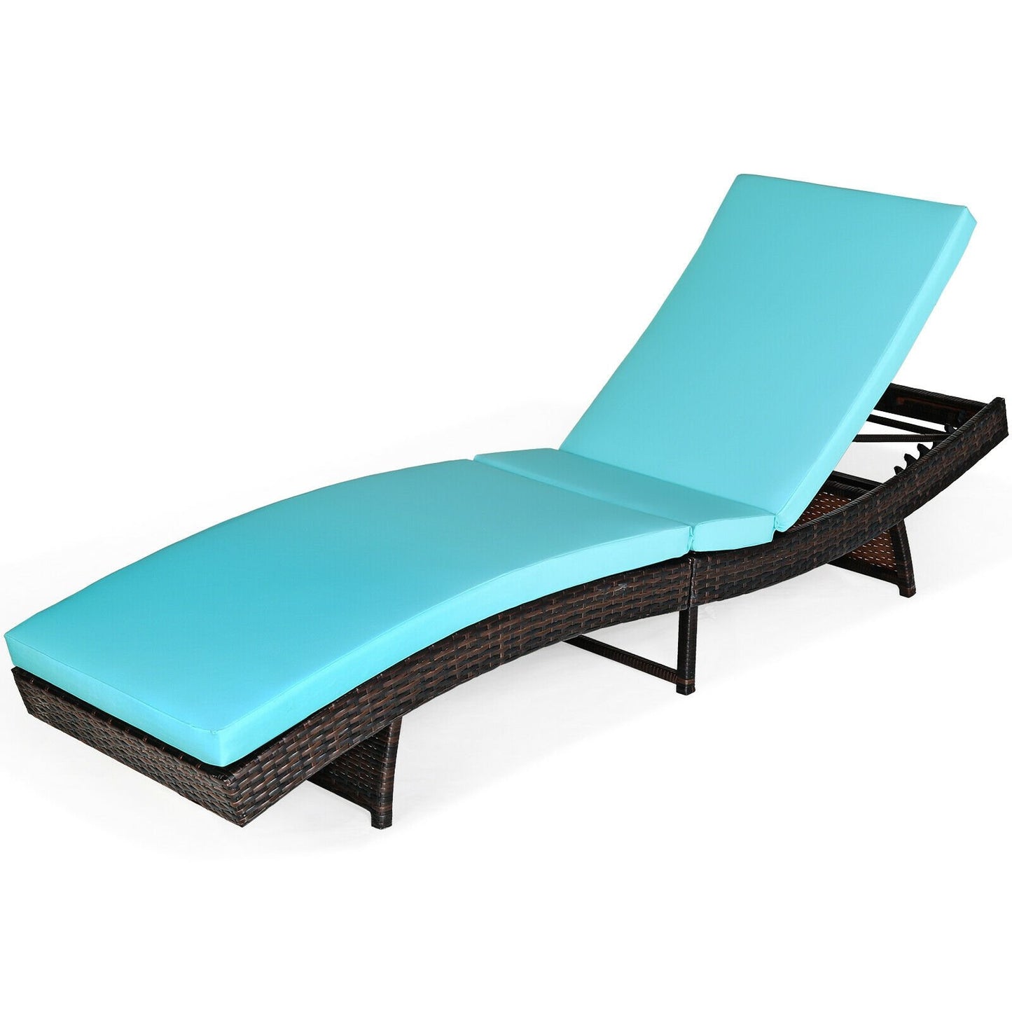 Patio Folding Adjustable Rattan Chaise Lounge Chair with Cushion, Turquoise Outdoor Chaise Lounges   at Gallery Canada