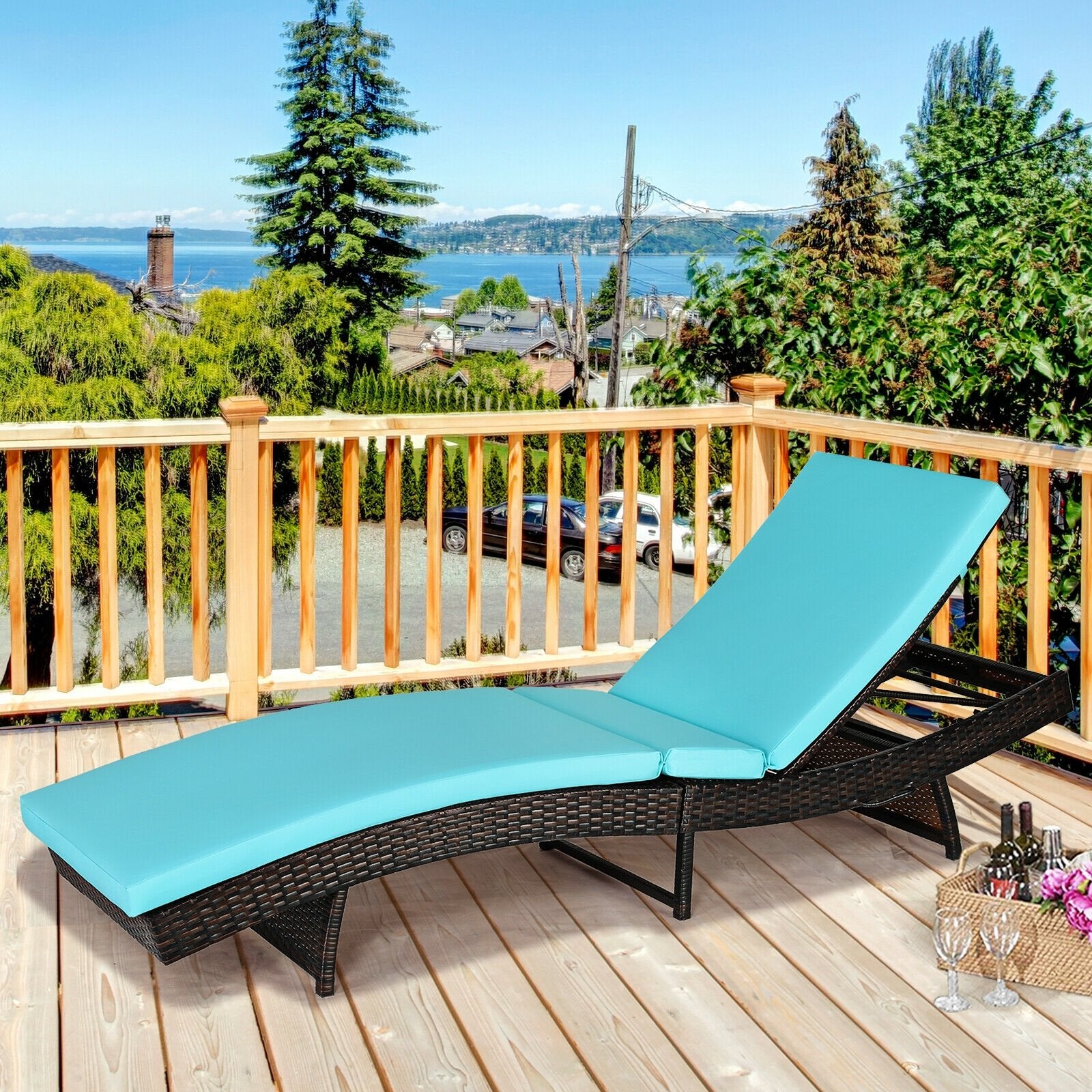 Patio Folding Adjustable Rattan Chaise Lounge Chair with Cushion, Turquoise Outdoor Chaise Lounges   at Gallery Canada