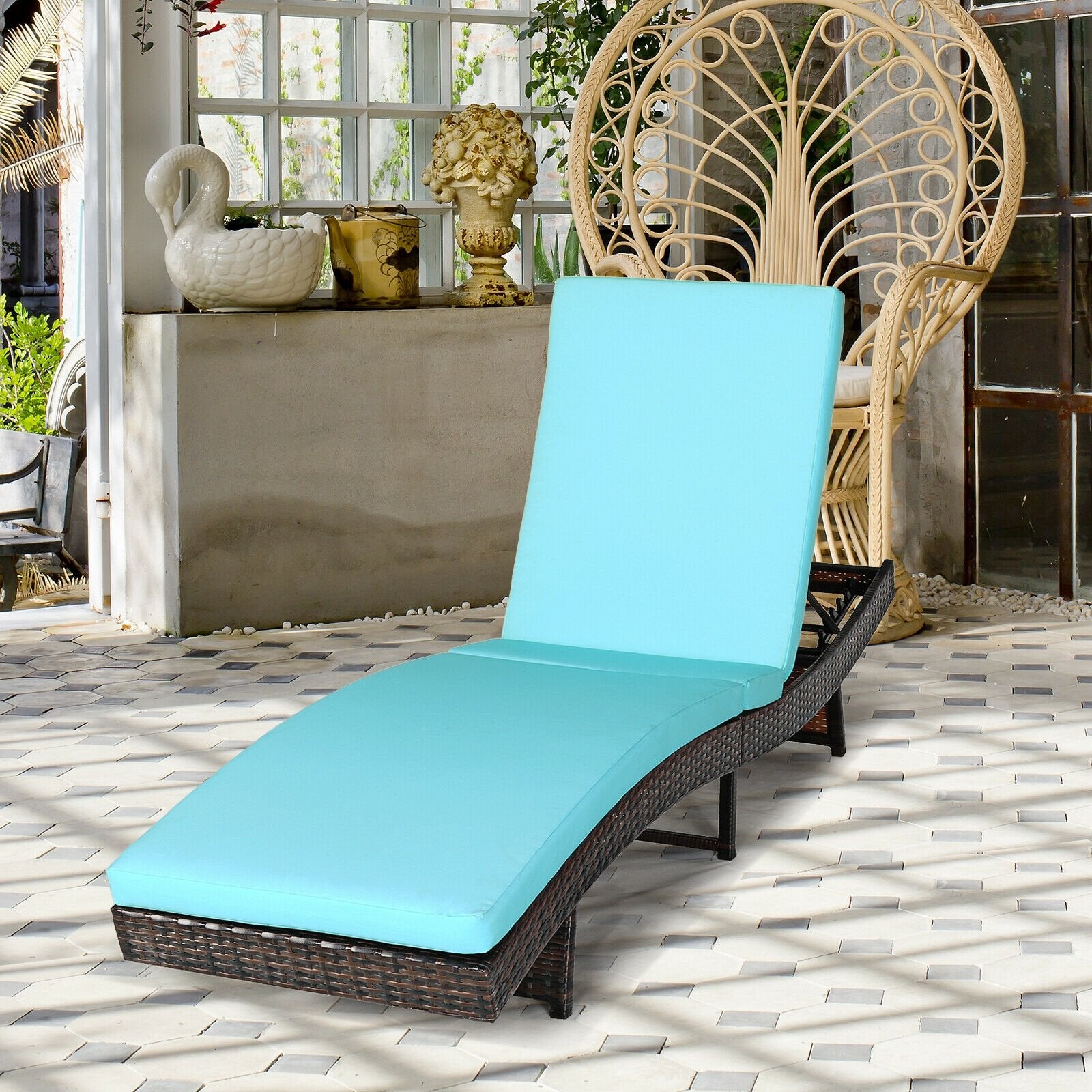 Patio Folding Adjustable Rattan Chaise Lounge Chair with Cushion, Turquoise Outdoor Chaise Lounges   at Gallery Canada