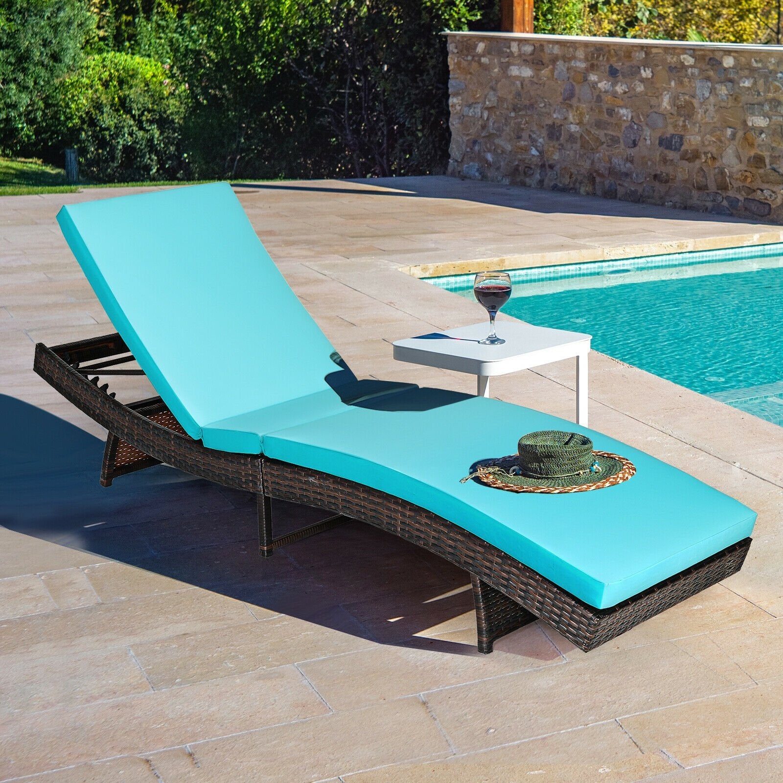 Patio Folding Adjustable Rattan Chaise Lounge Chair with Cushion, Turquoise Outdoor Chaise Lounges   at Gallery Canada