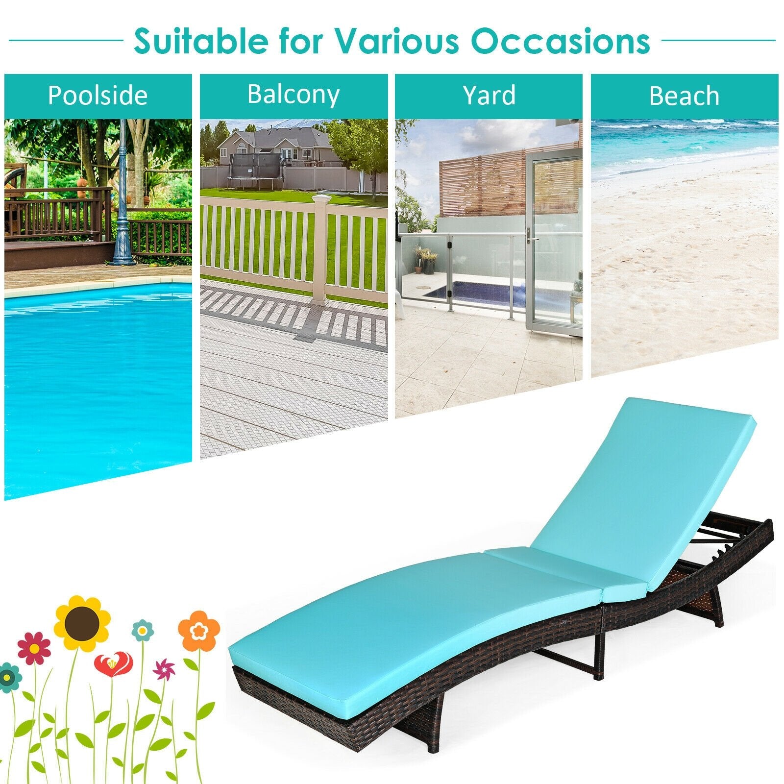 Patio Folding Adjustable Rattan Chaise Lounge Chair with Cushion, Turquoise Outdoor Chaise Lounges   at Gallery Canada