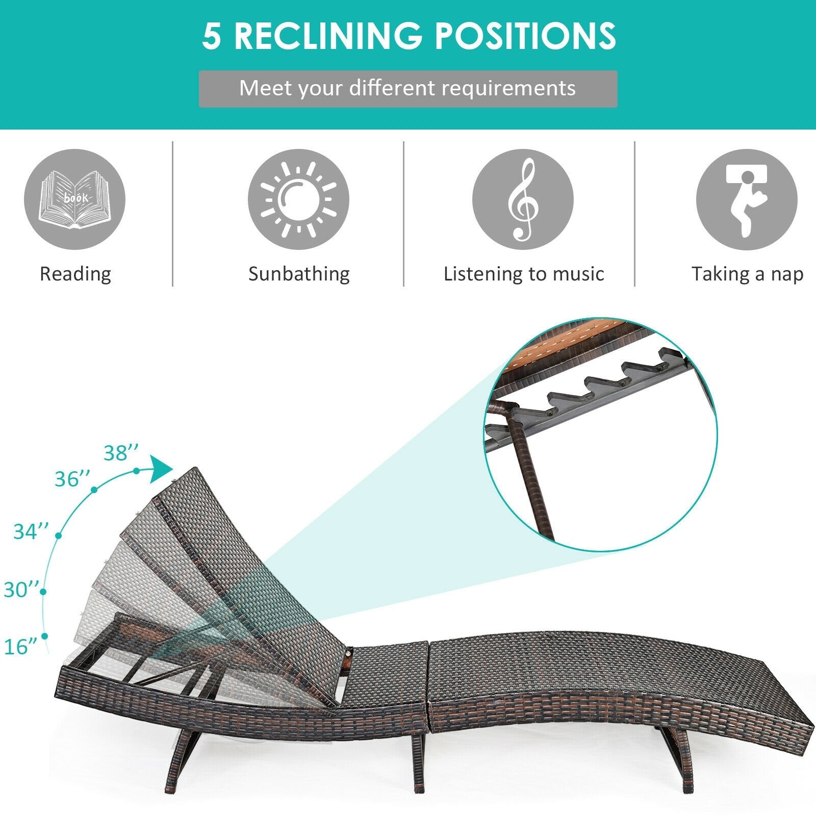 Patio Folding Adjustable Rattan Chaise Lounge Chair with Cushion, Turquoise Outdoor Chaise Lounges   at Gallery Canada