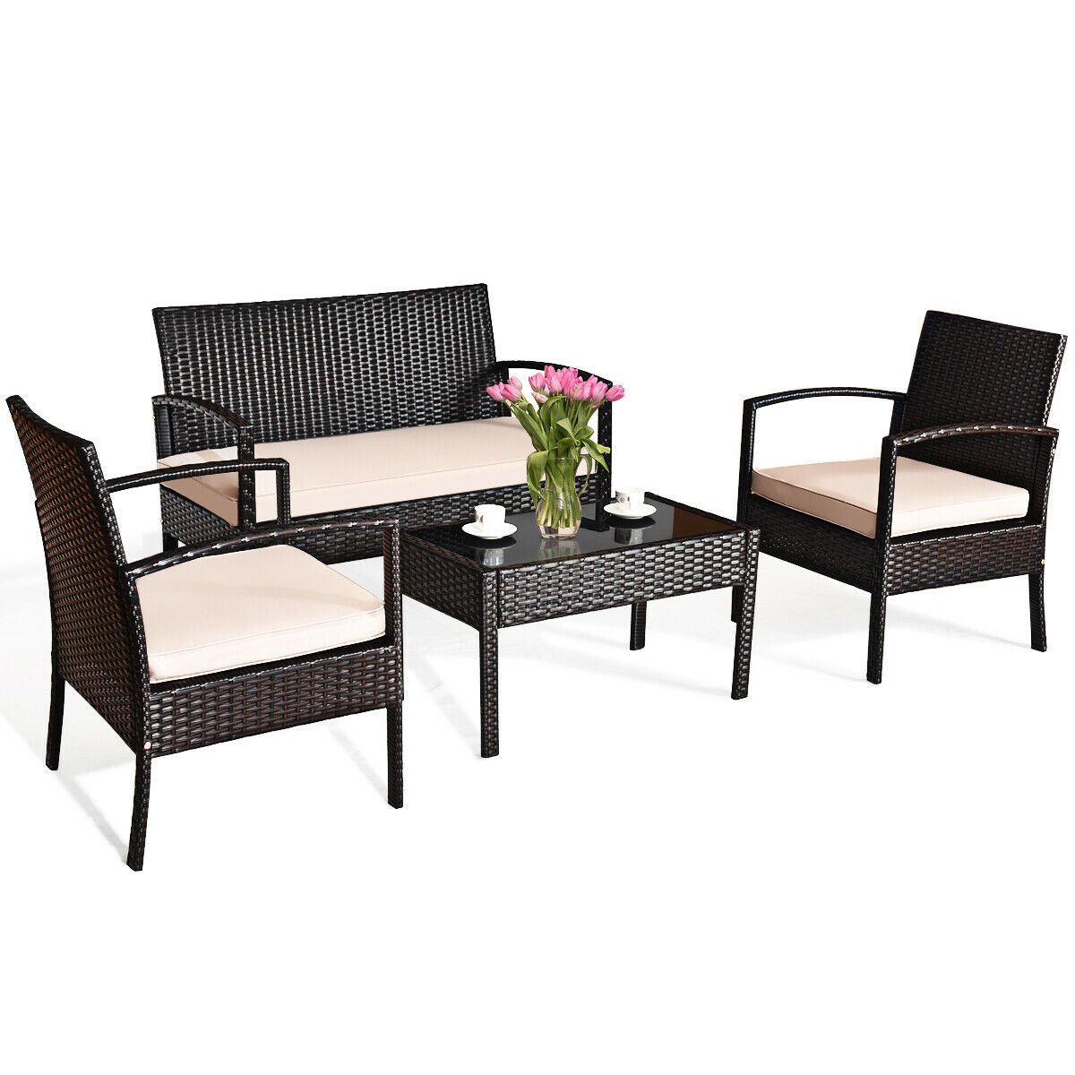 4 Pieces Patio Ratten Conversation Set with Loveseat Sofas and Coffee Table, Multicolor Patio Conversation Sets   at Gallery Canada