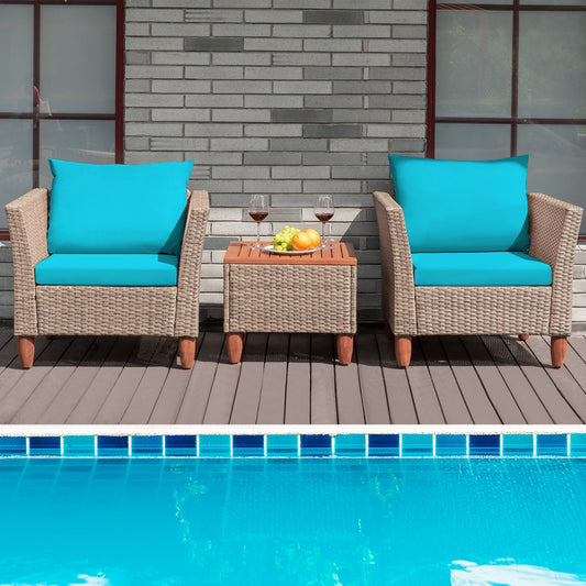 3 Pieces Patio Rattan Furniture Set with Washable Cushion for Yard Porch, Turquoise Patio Conversation Sets   at Gallery Canada