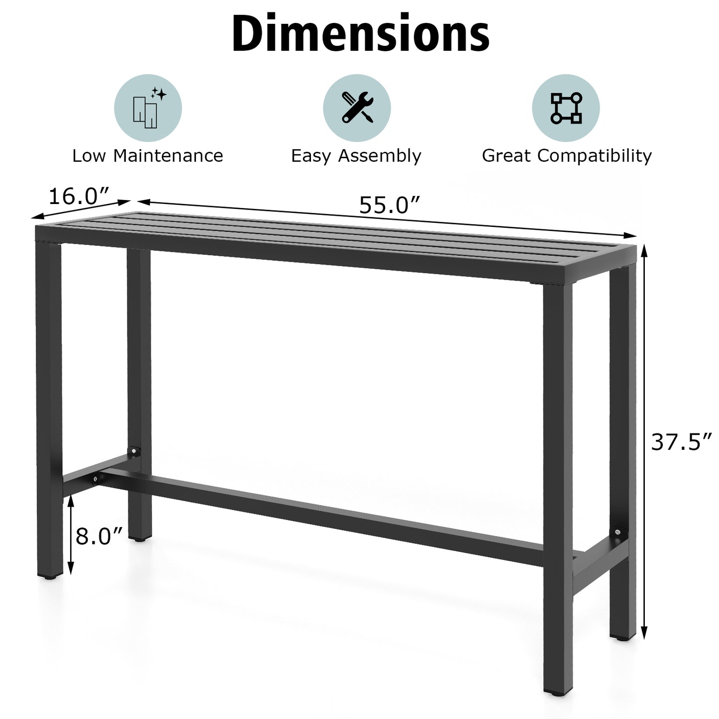 48/55 Inch Outdoor Bar Table with Waterproof Top and Heavy-duty Metal Frame-L, Black Patio Dining Tables   at Gallery Canada