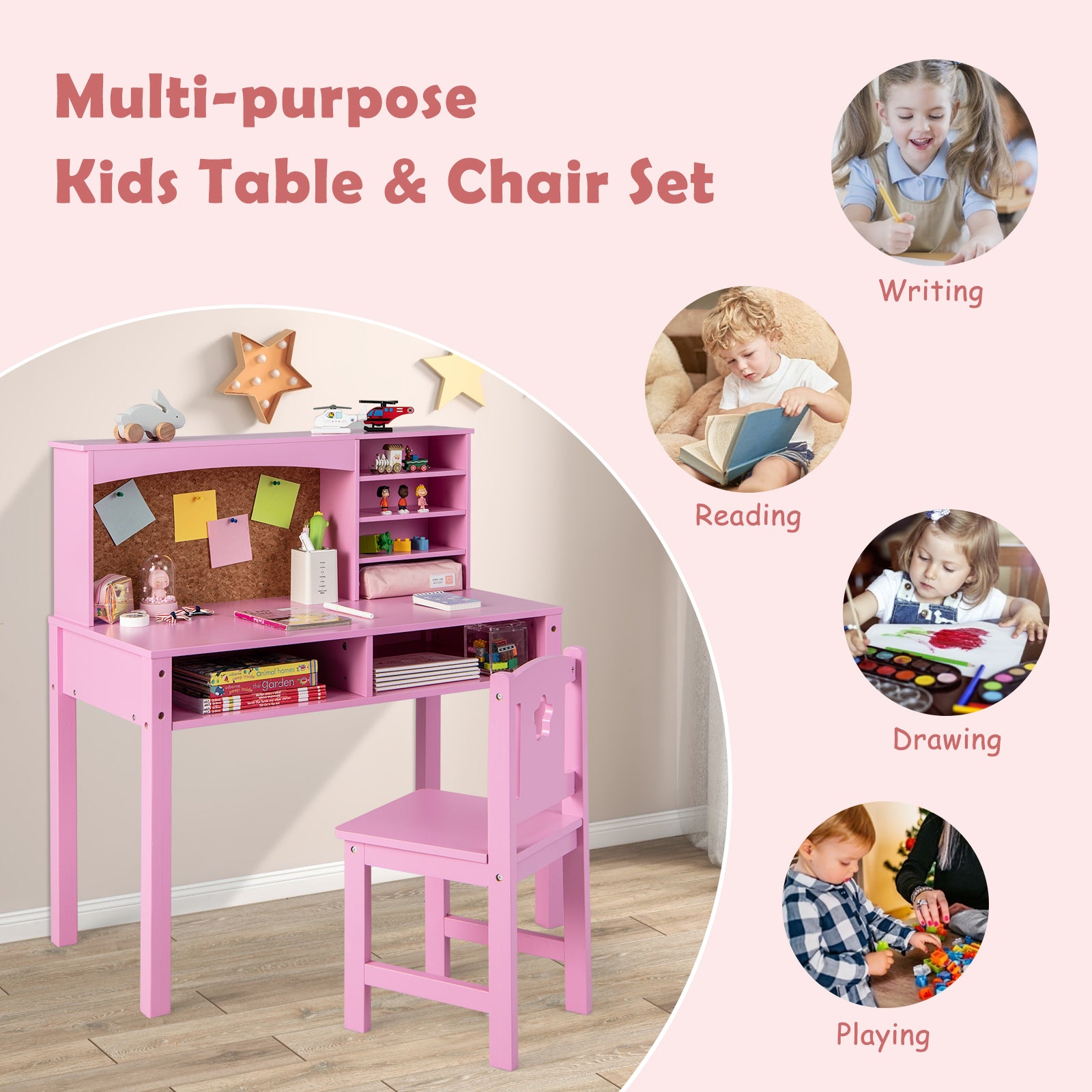 Kids Desk and Chair Set with Hutch and Bulletin Board for 3+ Kids, Pink Kids Table & Chair Sets   at Gallery Canada