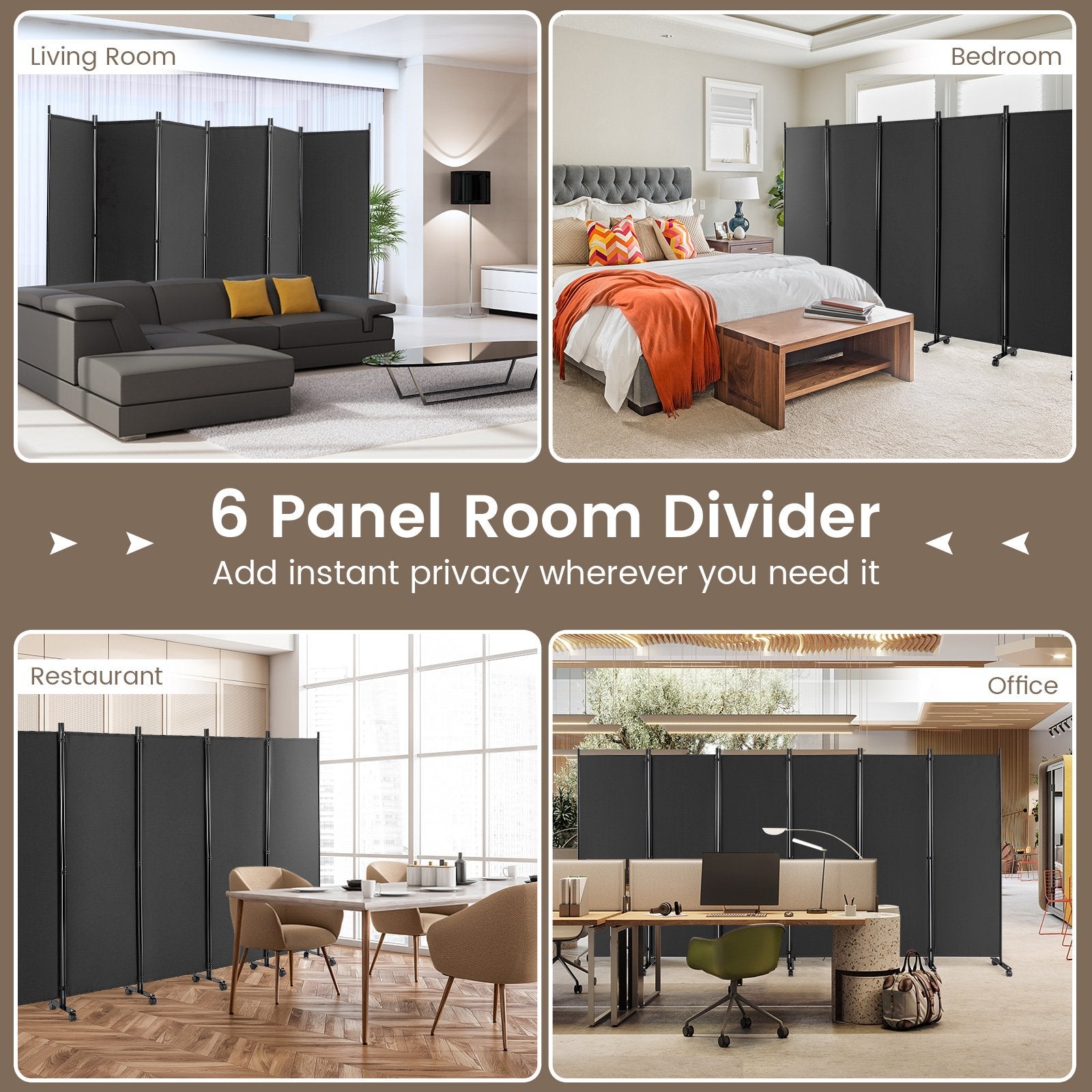 6 Panel 5.7 Feet Tall Rolling Room Divider on Wheels, Gray Room Dividers   at Gallery Canada