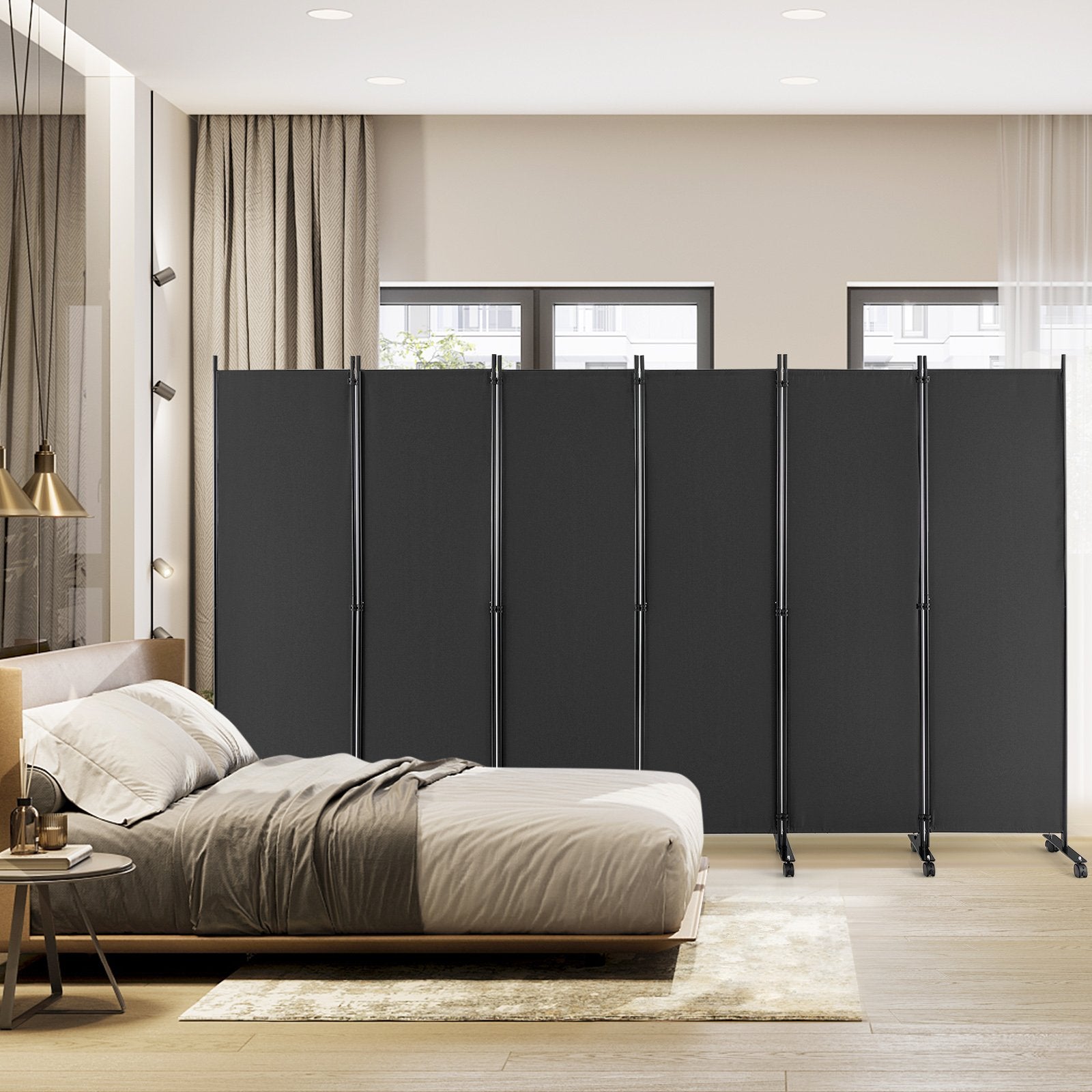 6 Panel 5.7 Feet Tall Rolling Room Divider on Wheels, Gray Room Dividers   at Gallery Canada