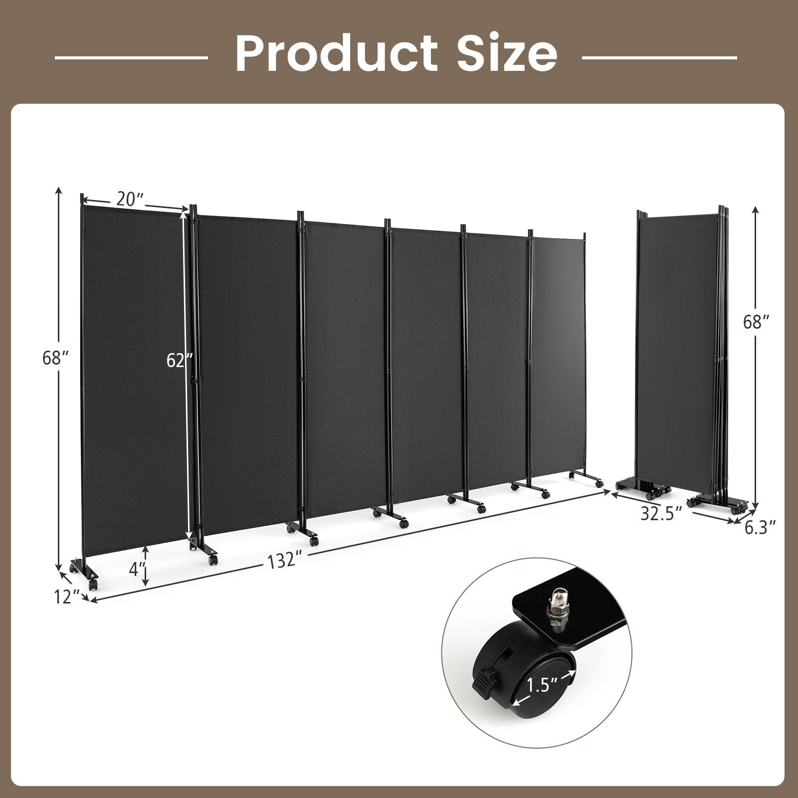 6 Panel 5.7 Feet Tall Rolling Room Divider on Wheels, Gray Room Dividers   at Gallery Canada