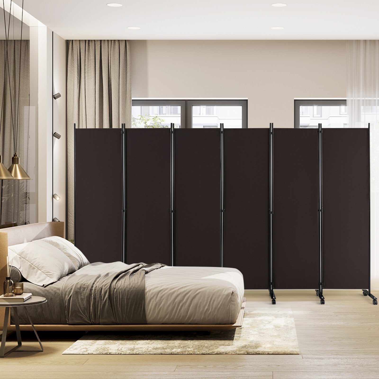 6 Panel 5.7 Feet Tall Rolling Room Divider on Wheels, Brown Room Dividers   at Gallery Canada