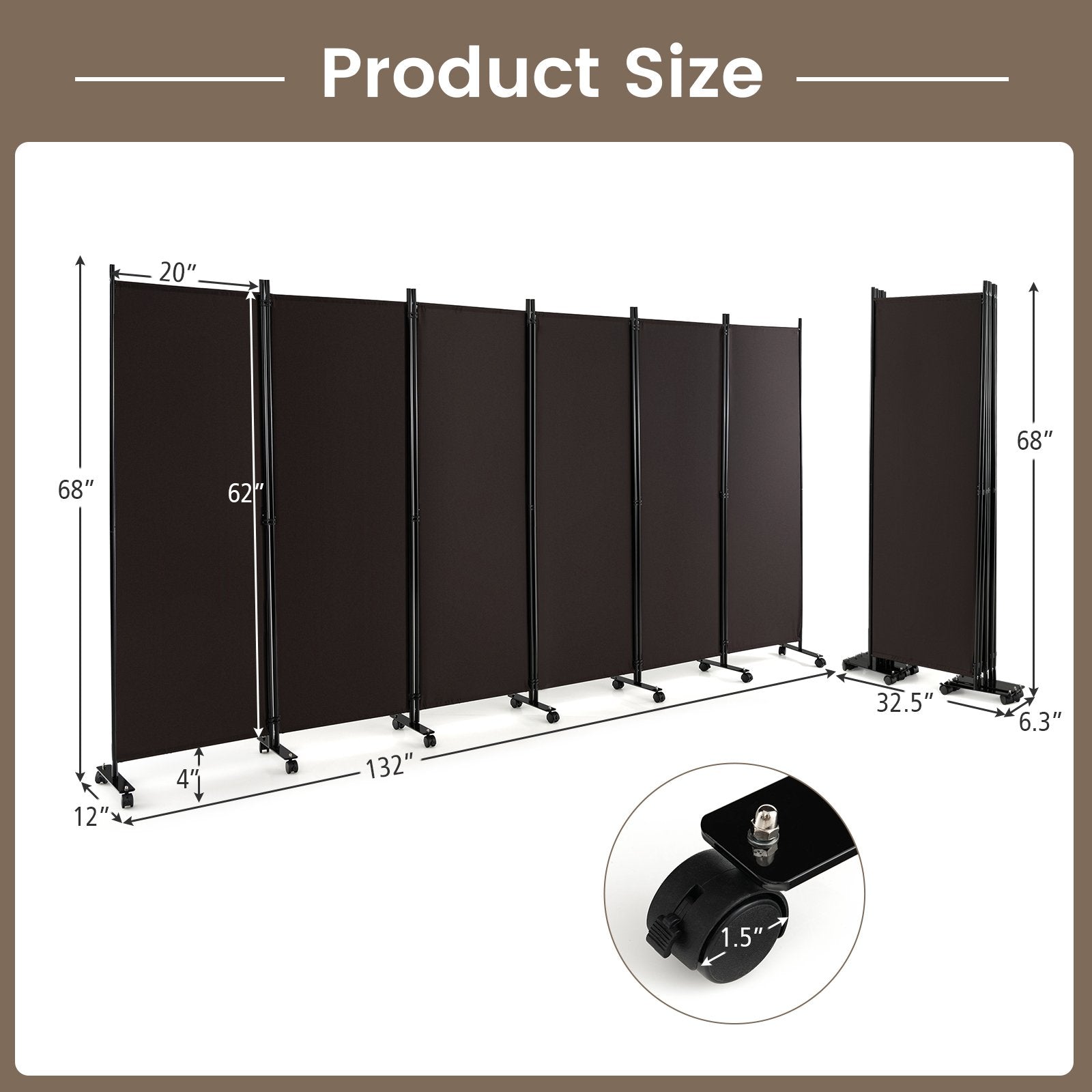 6 Panel 5.7 Feet Tall Rolling Room Divider on Wheels, Brown - Gallery Canada