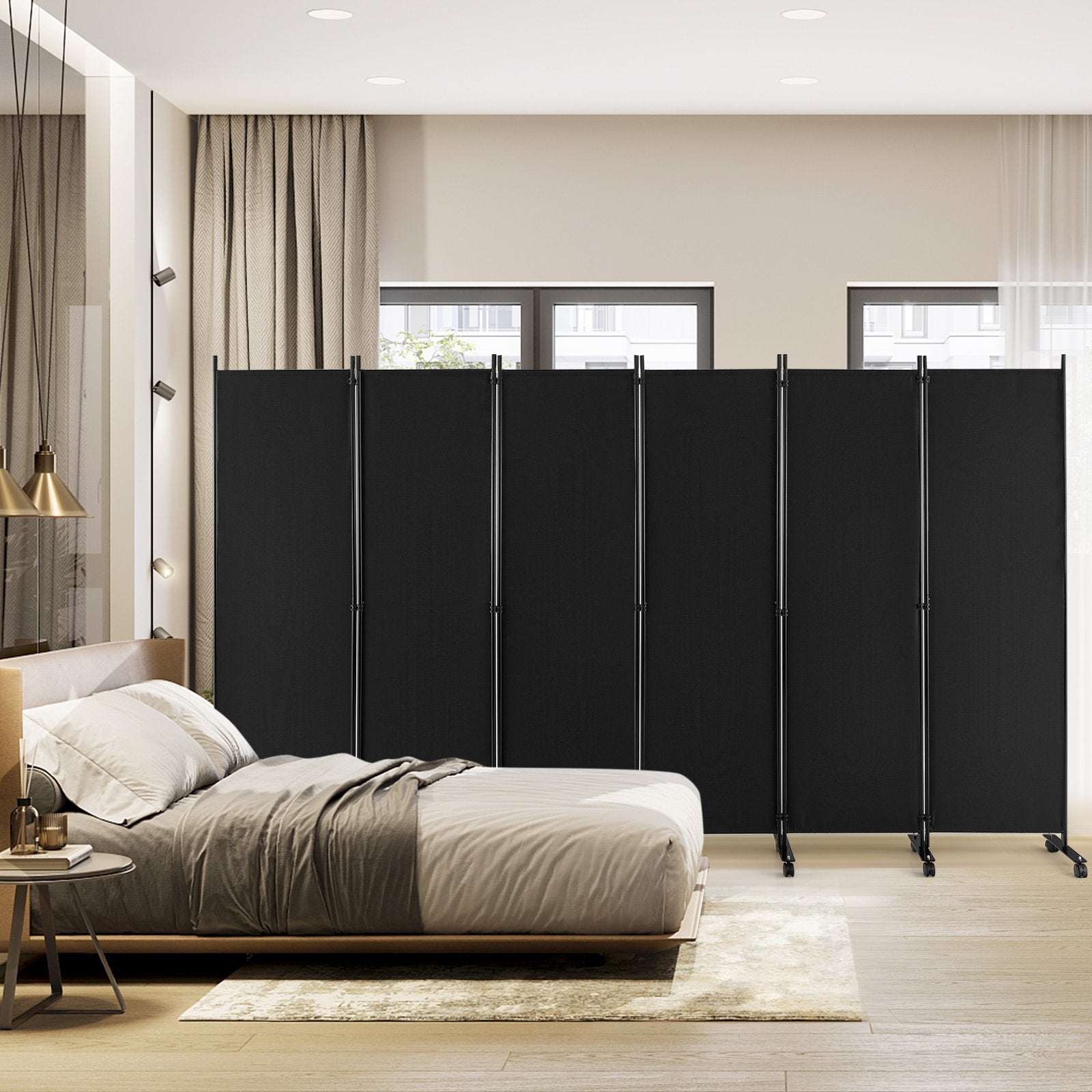 6 Panel 5.7 Feet Tall Rolling Room Divider on Wheels, Black Room Dividers   at Gallery Canada