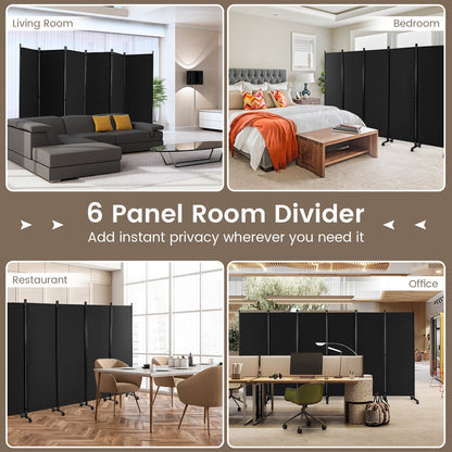 6 Panel 5.7 Feet Tall Rolling Room Divider on Wheels, Black Room Dividers   at Gallery Canada