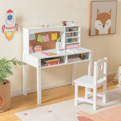 Kids Desk and Chair Set with Hutch and Bulletin Board for 3+ Kids, White