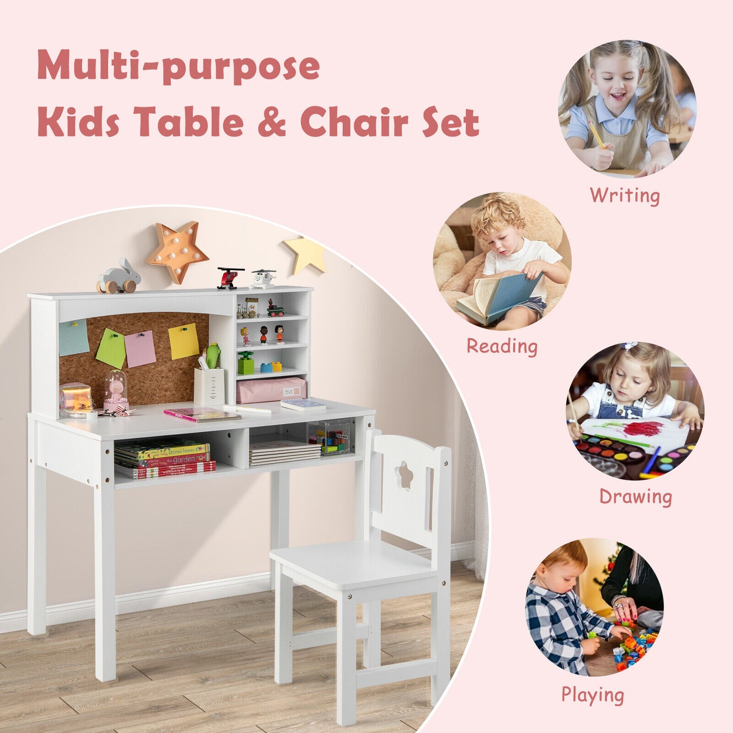 Kids Desk and Chair Set with Hutch and Bulletin Board for 3+ Kids, White Kids Table & Chair Sets   at Gallery Canada