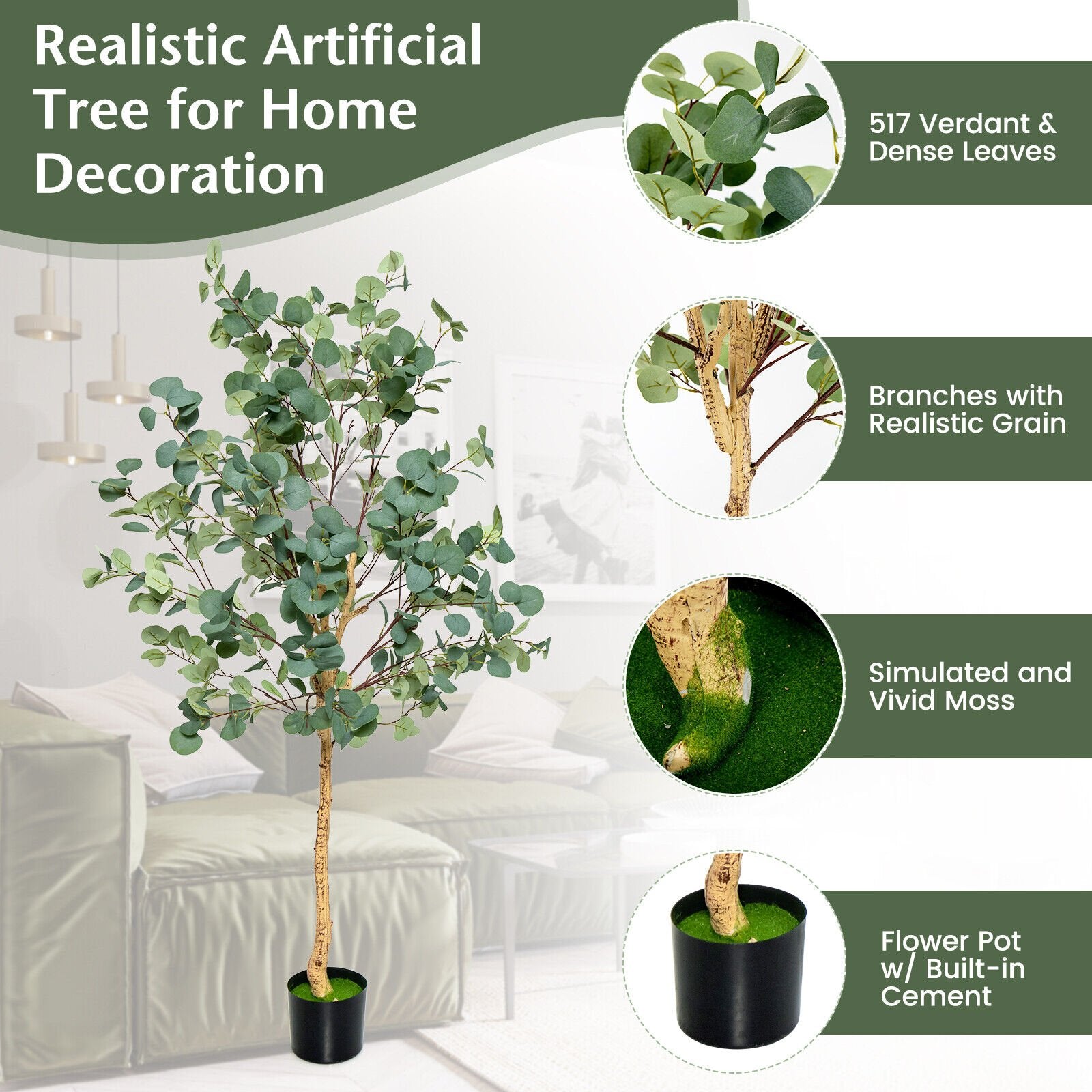 5.5 Feet Artificial Eucalyptus Tree with 517 Silver Dollar Leaves, Black & Green Faux Plants   at Gallery Canada