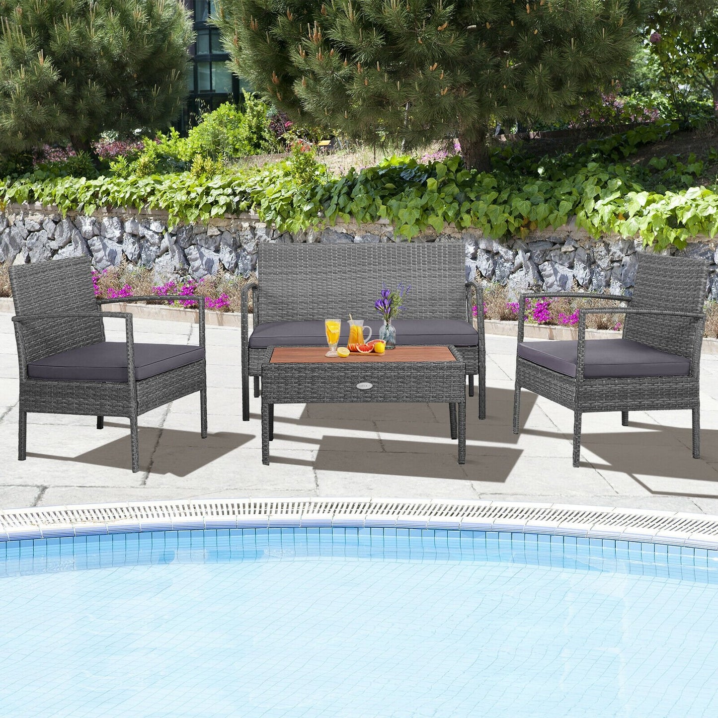 4 Pieces Rattan Patio Conversation Furniture Set with Acacia Wood Tabletop, Gray Patio Conversation Sets   at Gallery Canada