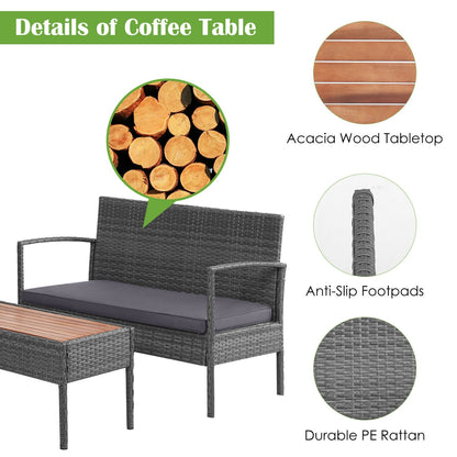 4 Pieces Rattan Patio Conversation Furniture Set with Acacia Wood Tabletop, Gray Patio Conversation Sets   at Gallery Canada