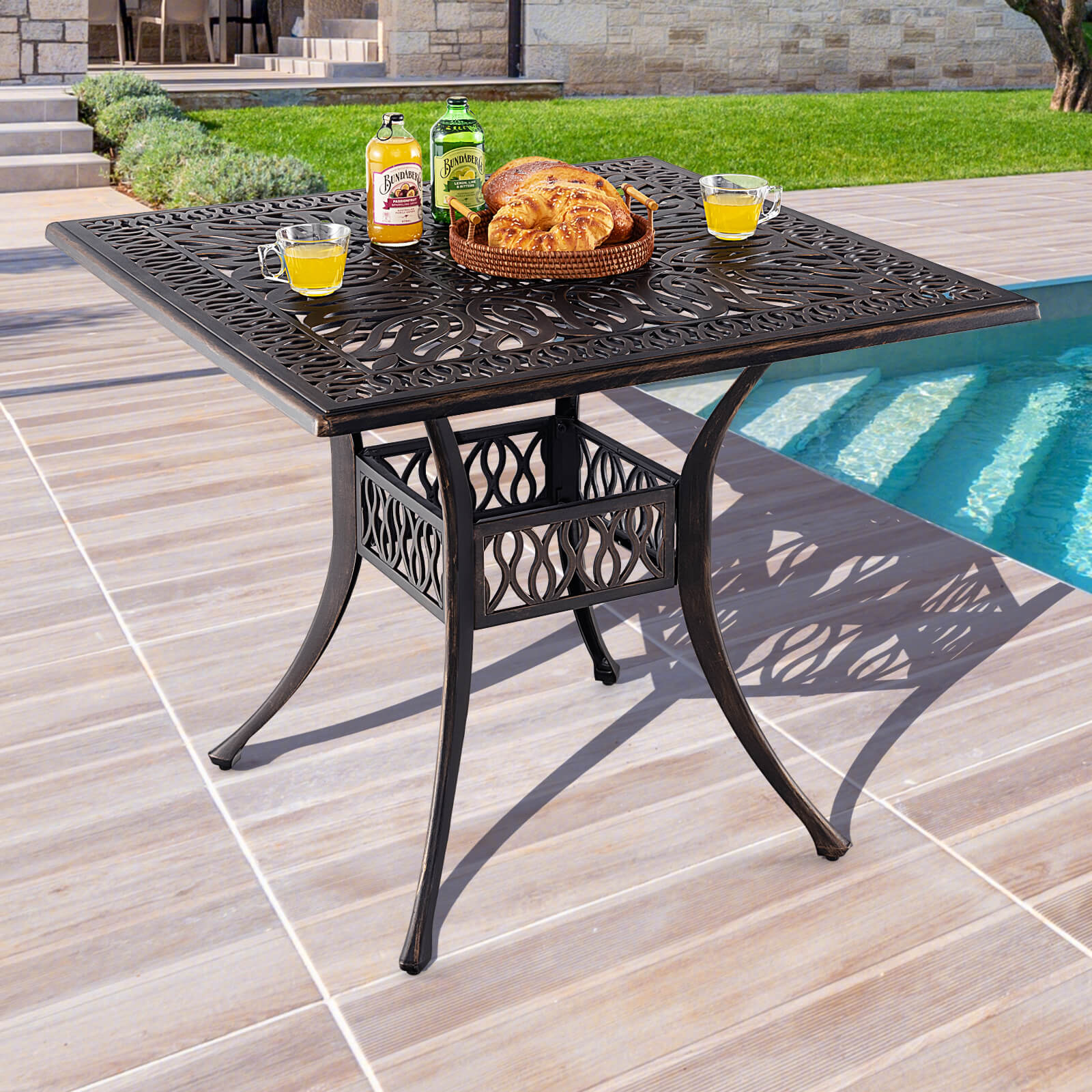 35.4 Inch Aluminum Patio Square Dining Table with Umbrella Hole, Bronze Patio Dining Tables   at Gallery Canada