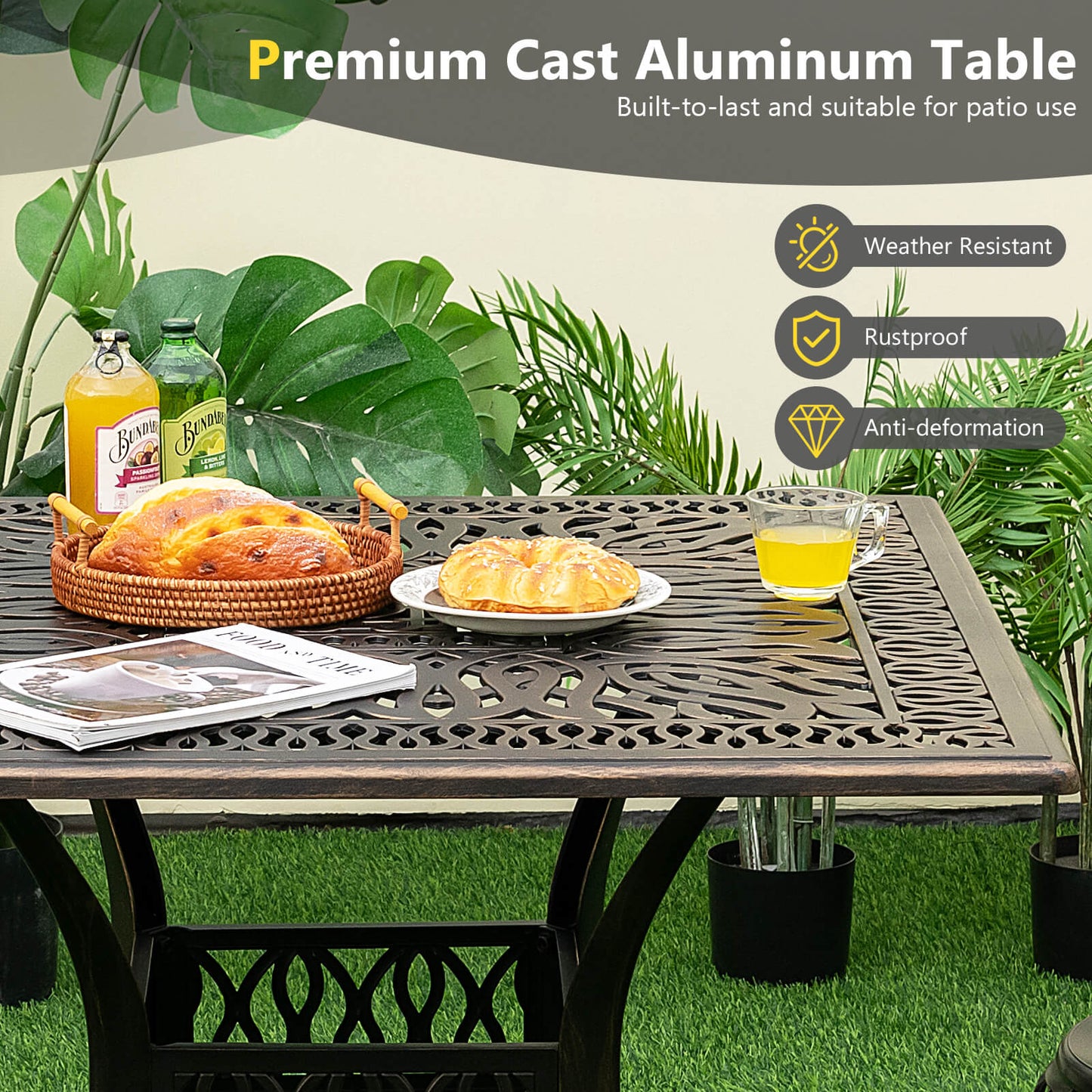 35.4 Inch Aluminum Patio Square Dining Table with Umbrella Hole, Bronze Patio Dining Tables   at Gallery Canada