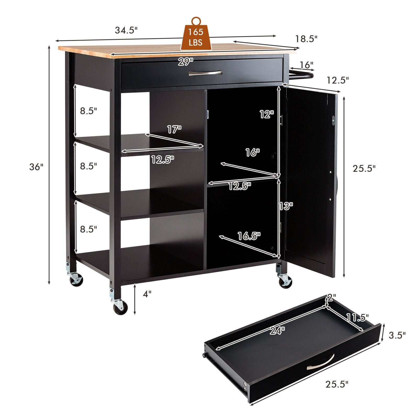 Mobile Kitchen Island Cart with Rubber Wood Top, Brown Kitchen Islands & Carts   at Gallery Canada