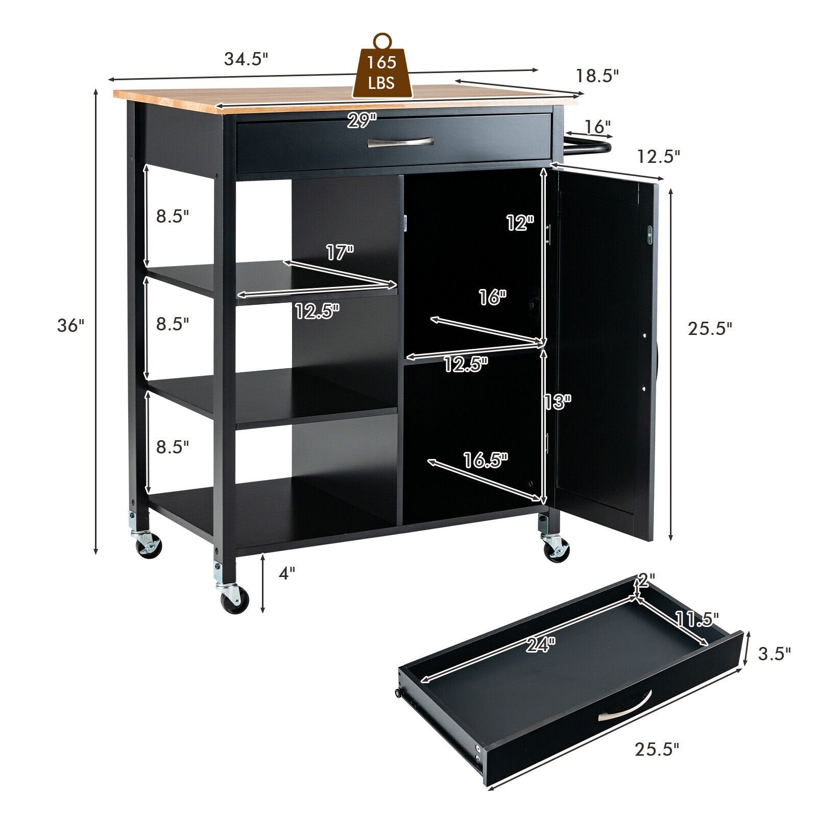 Mobile Kitchen Island Cart with Rubber Wood Top, Black Kitchen Islands & Carts   at Gallery Canada