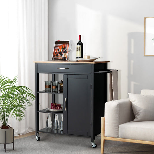 Mobile Kitchen Island Cart with Rubber Wood Top, Black Kitchen Islands & Carts   at Gallery Canada