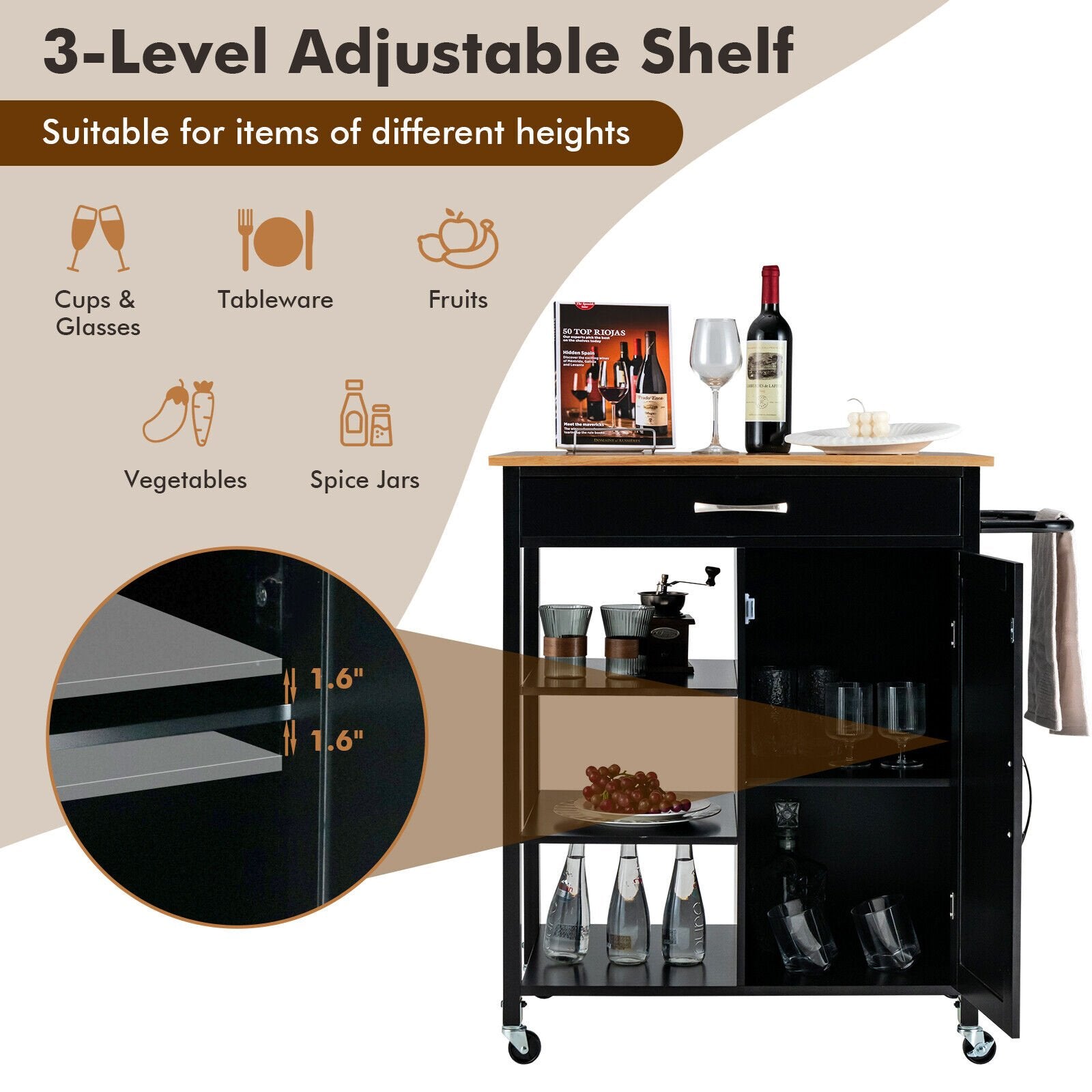 Mobile Kitchen Island Cart with Rubber Wood Top, Black Kitchen Islands & Carts   at Gallery Canada