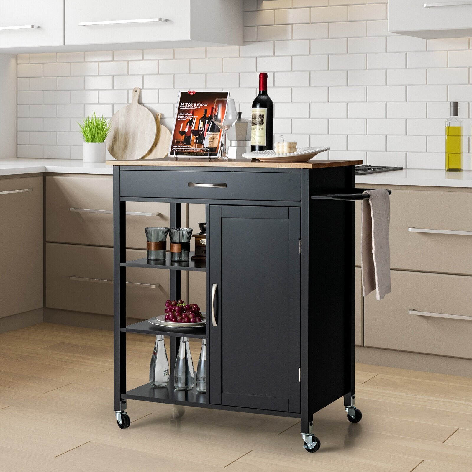 Mobile Kitchen Island Cart with Rubber Wood Top, Black - Gallery Canada