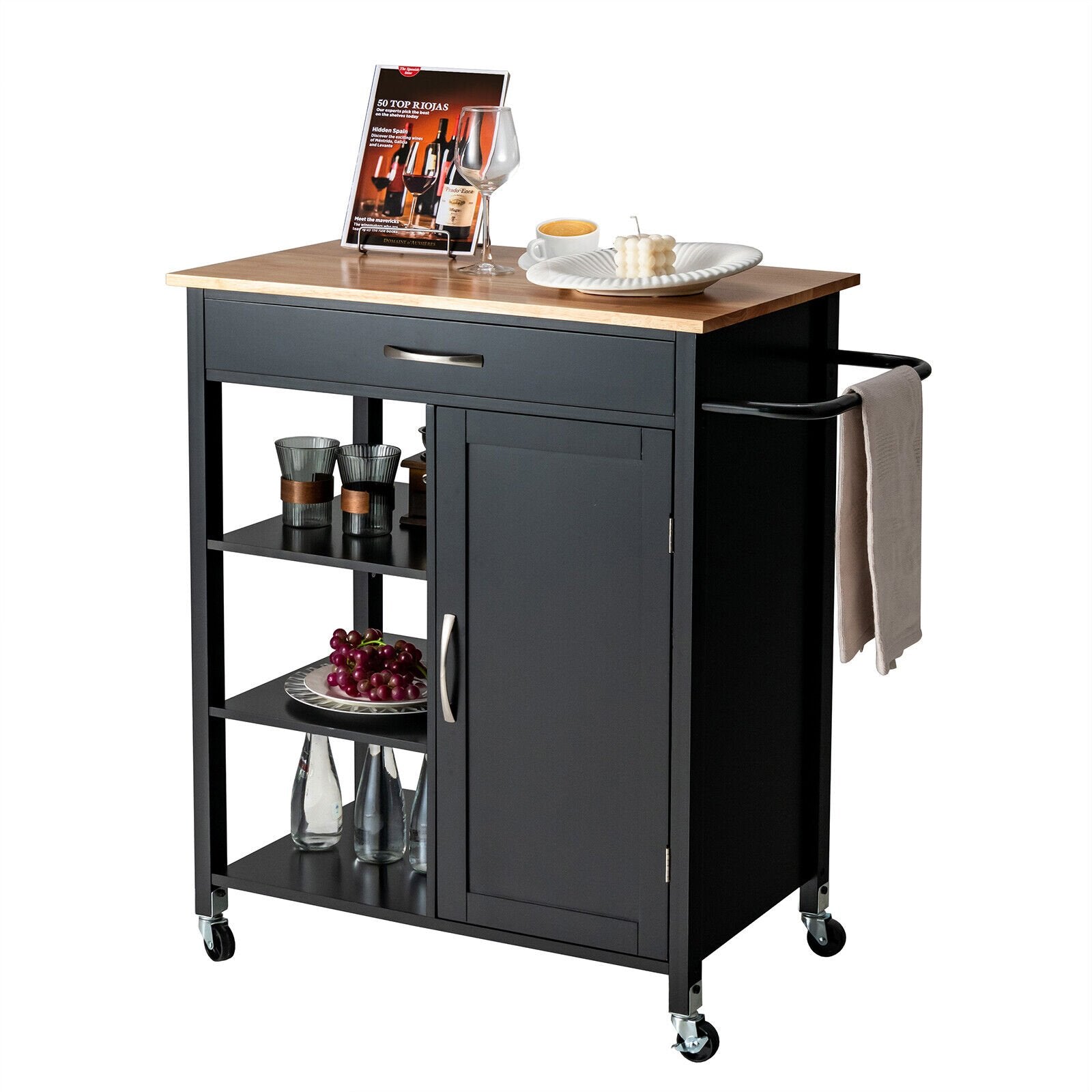 Mobile Kitchen Island Cart with Rubber Wood Top, Black Kitchen Islands & Carts   at Gallery Canada