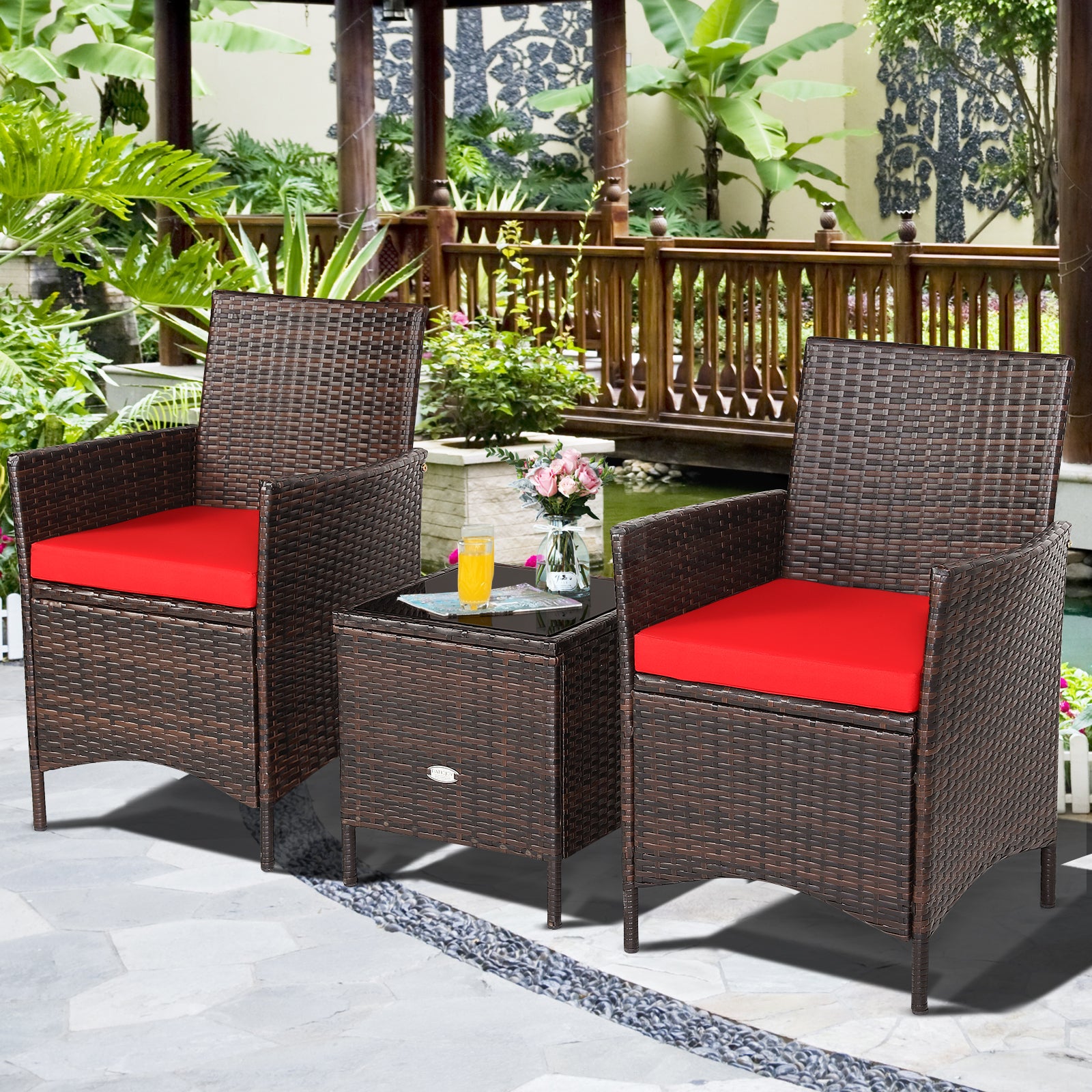 3Pcs Patio Rattan Furniture Set Cushioned Sofa and Glass Tabletop Deck, Red Patio Conversation Sets   at Gallery Canada