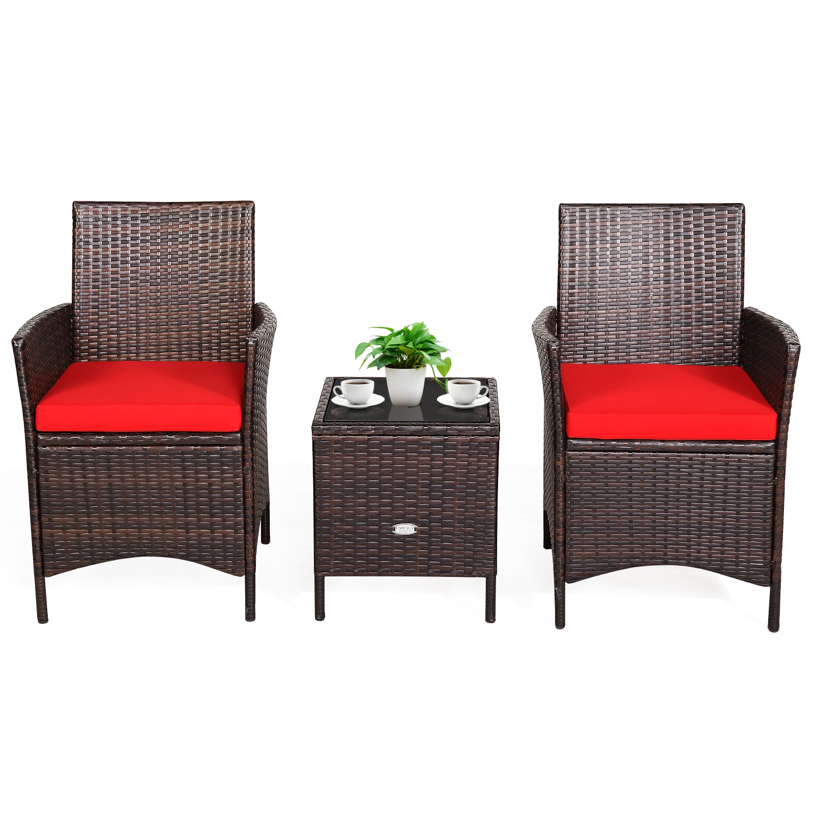 3Pcs Patio Rattan Furniture Set Cushioned Sofa and Glass Tabletop Deck, Red Patio Conversation Sets   at Gallery Canada