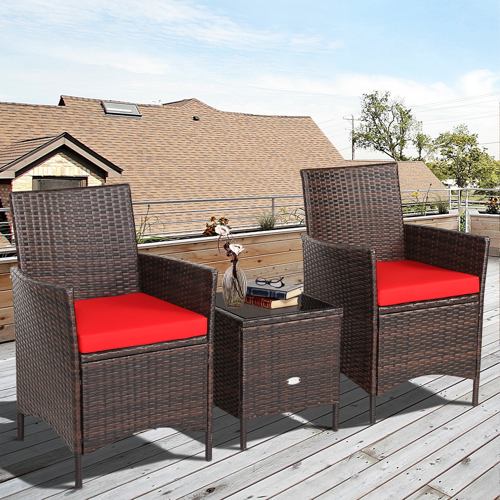 3Pcs Patio Rattan Furniture Set Cushioned Sofa and Glass Tabletop Deck, Red Patio Conversation Sets   at Gallery Canada