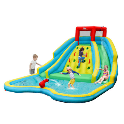 Double Side Inflatable Water Slide Park with Climbing Wall for Outdoor Without Blower, Blue - Gallery Canada
