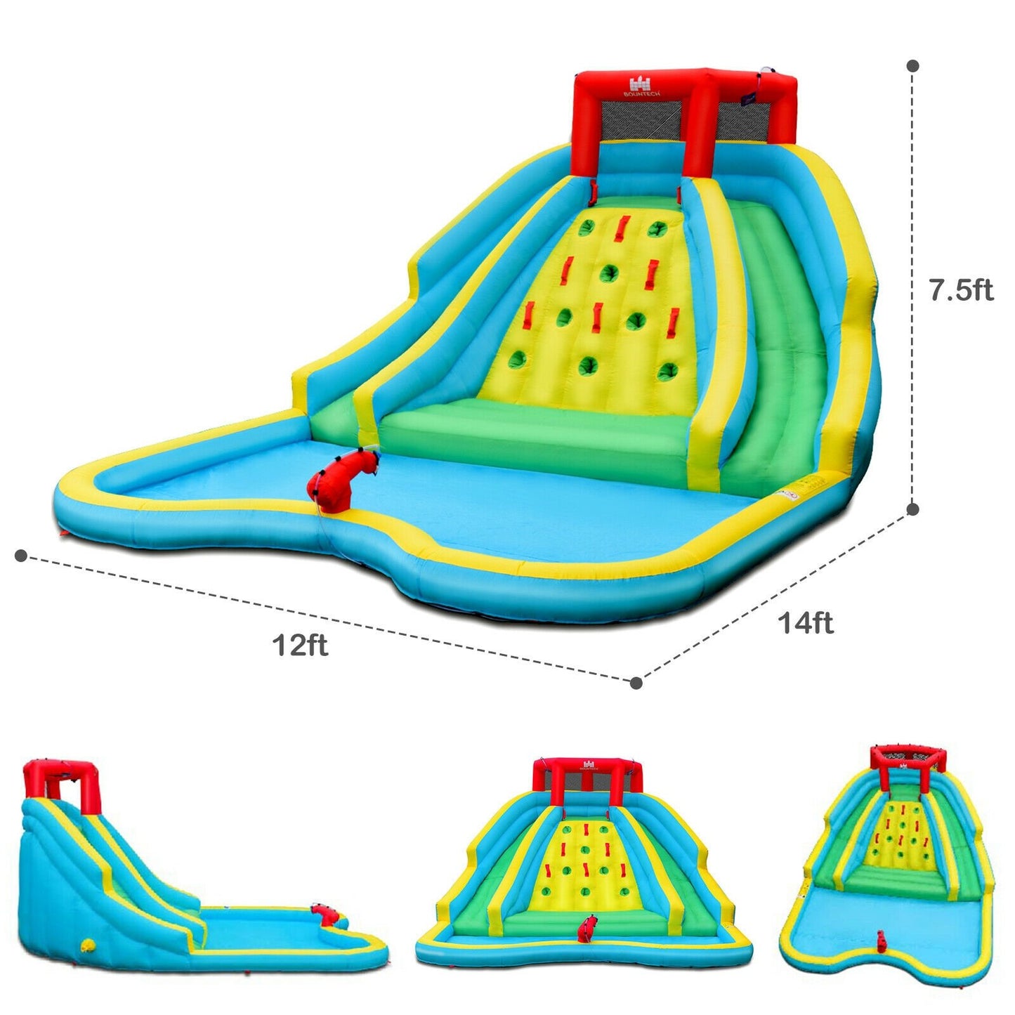 Double Side Inflatable Water Slide Park with Climbing Wall for Outdoor Without Blower, Blue - Gallery Canada