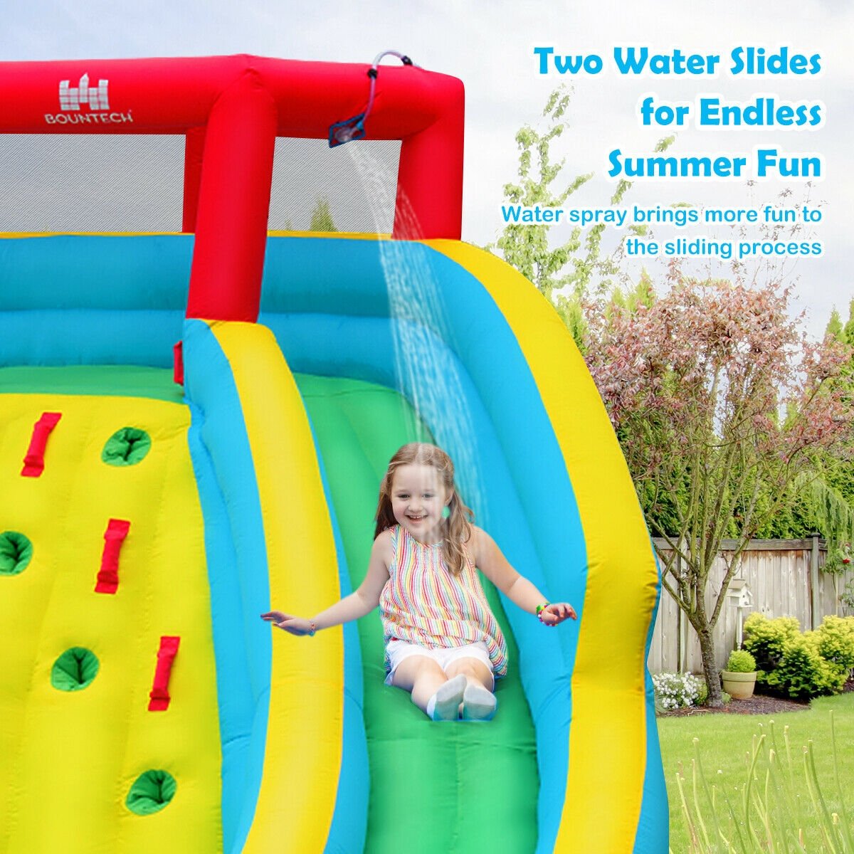 Double Side Inflatable Water Slide Park with Climbing Wall for Outdoor Without Blower, Blue Bounce House   at Gallery Canada