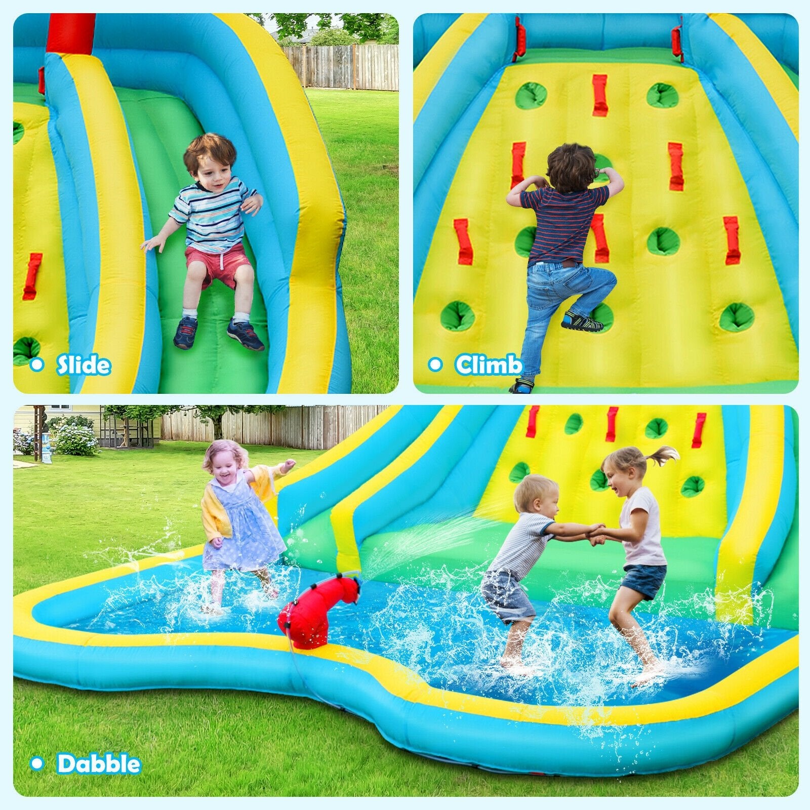 Double Side Inflatable Water Slide Park with Climbing Wall for Outdoor Without Blower, Blue Bounce House   at Gallery Canada