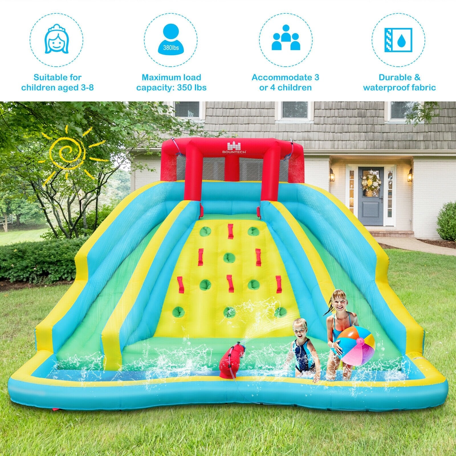 Double Side Inflatable Water Slide Park with Climbing Wall for Outdoor Without Blower, Blue Bounce House   at Gallery Canada