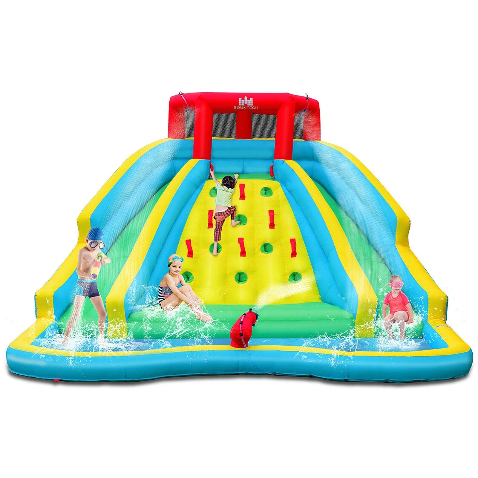 Double Side Inflatable Water Slide Park with Climbing Wall for Outdoor Without Blower, Blue - Gallery Canada