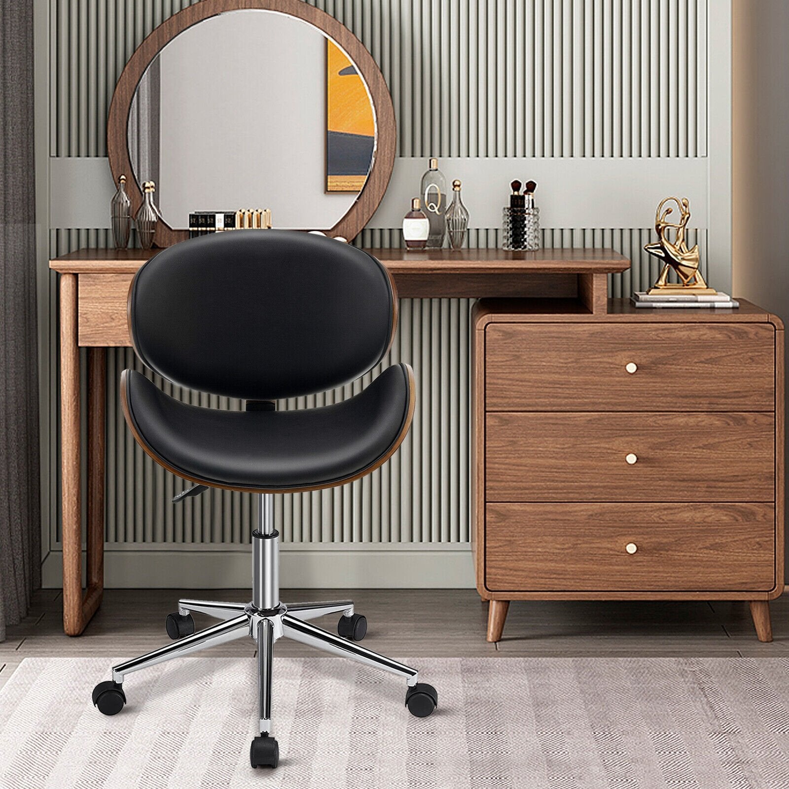 Adjustable Leather Office Chair Swivel Bentwood Desk Chair with Curved Seat, Black Leisure Chairs   at Gallery Canada