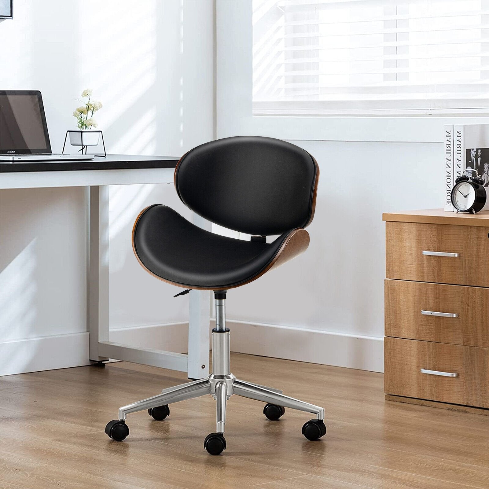 Adjustable Leather Office Chair Swivel Bentwood Desk Chair with Curved Seat, Black Leisure Chairs   at Gallery Canada